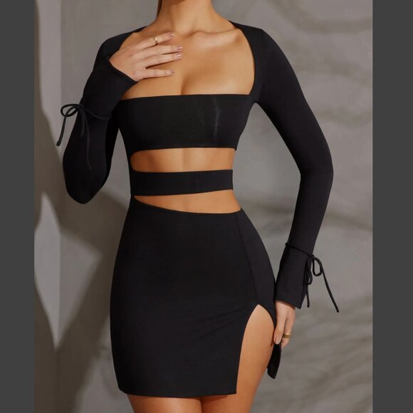 NWT Oh Polly ENYA Long Sleeve Cut Out Mini Dress in Black - Picture 2 of 4
